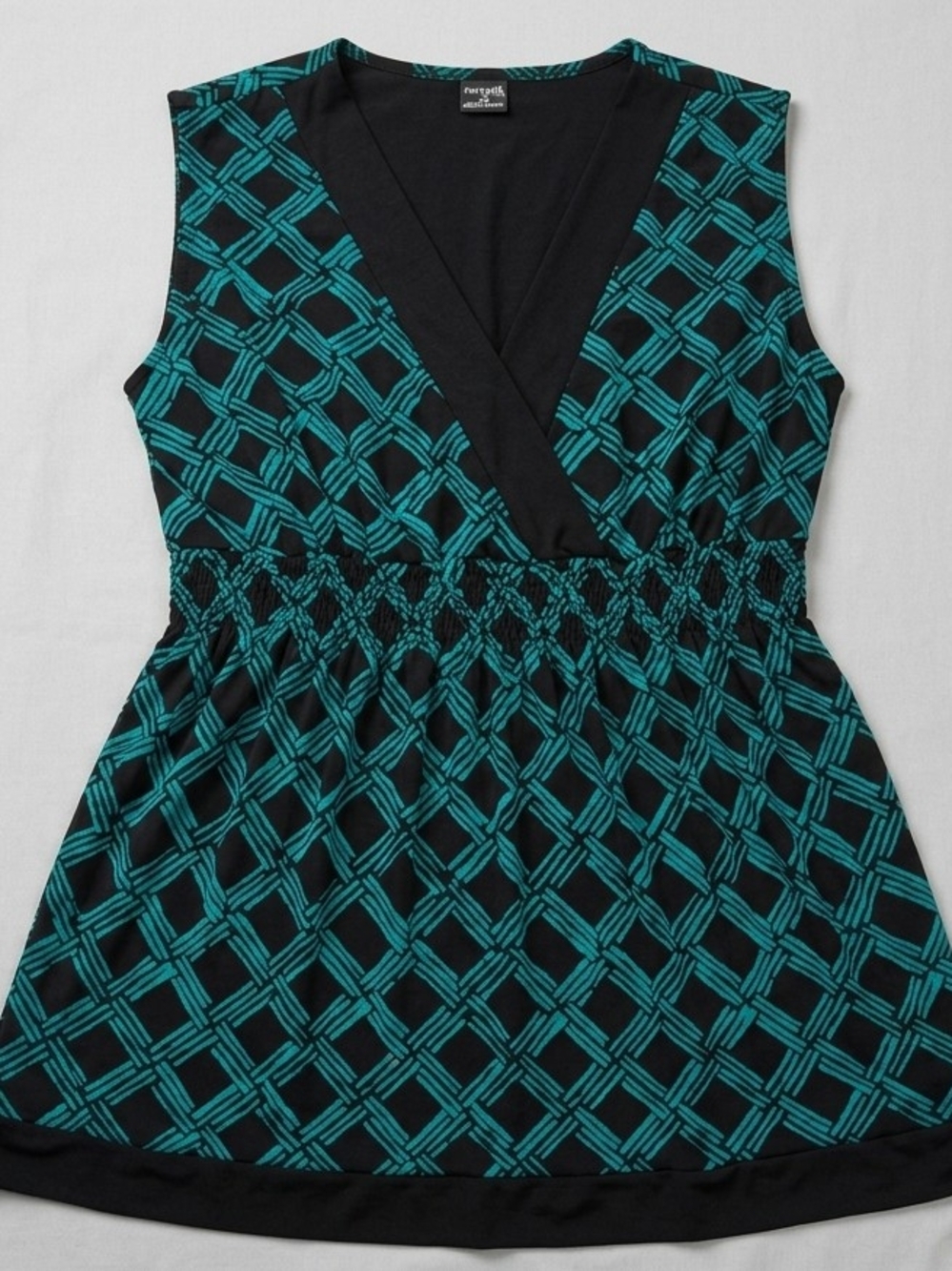 Vera Wang Black & Teal Sleeveless Surplice Smocked-Waist Top